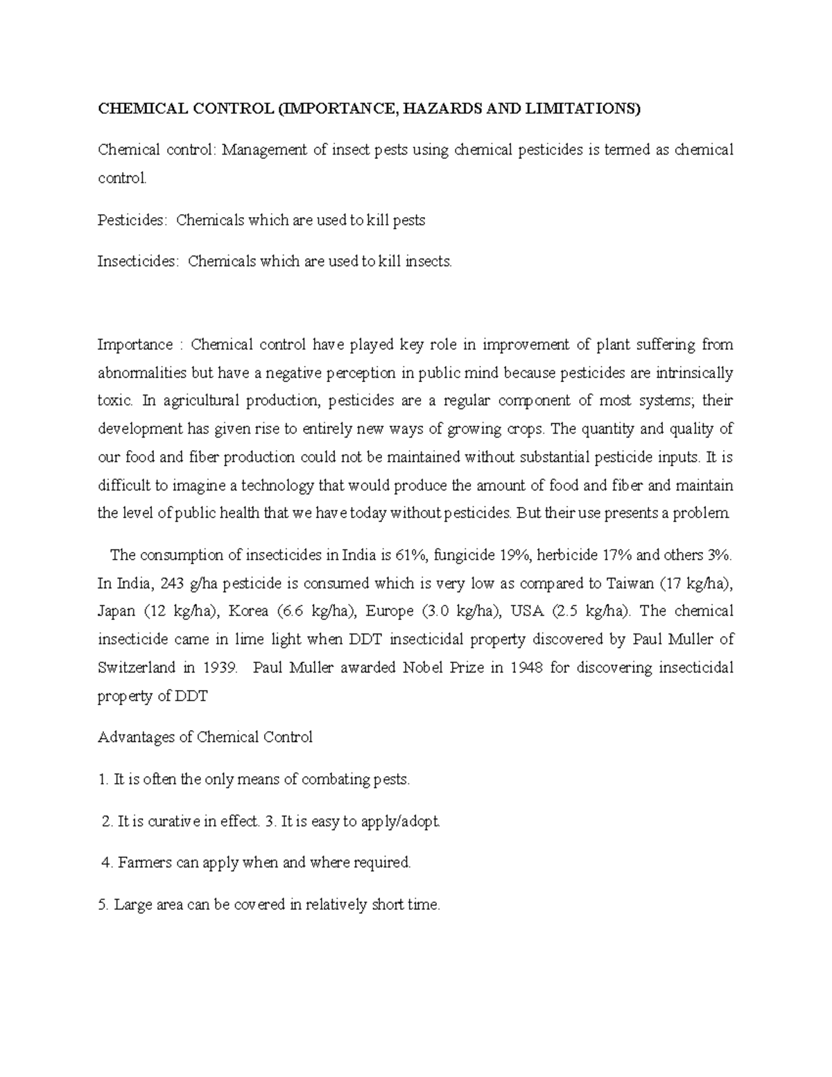 Chemical Control CHEMICAL CONTROL (IMPORTANCE, HAZARDS AND