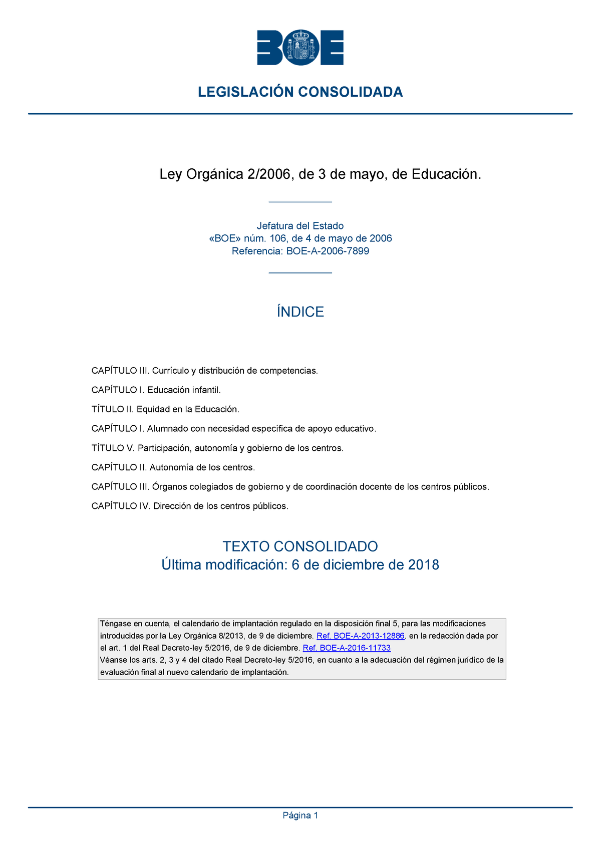 LOE- Lomce Texto Consolidado - LEGISLACIÓN CONSOLIDADA Ley Orgánica 2/ ...