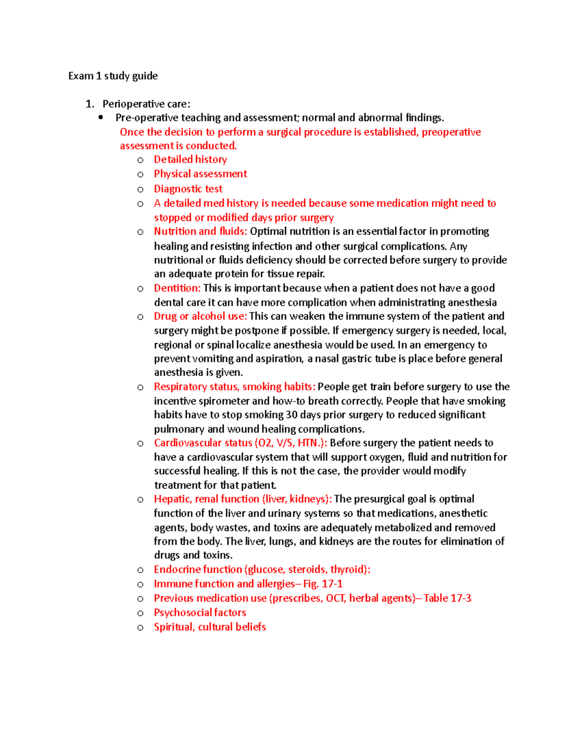 Exam 1 study guide - Exam 1 study guide Perioperative care: Pre ...