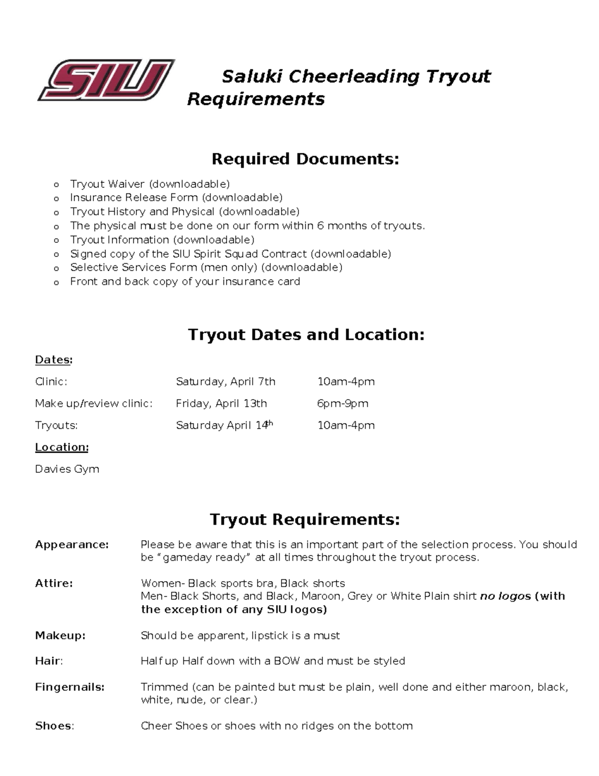 SIU Cheerleading tryout info 2 Saluki Cheerleading Tryout