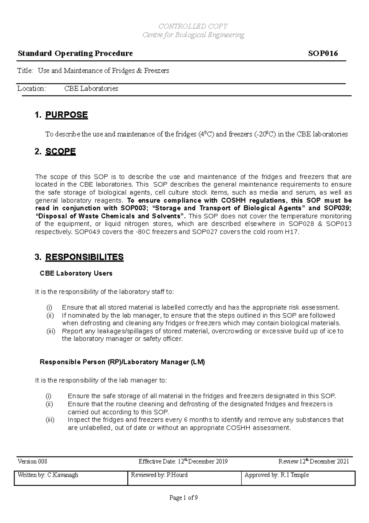 SOP016 Use and Mainteance of Fridges and Freezers - CONTROLLED COPY ...