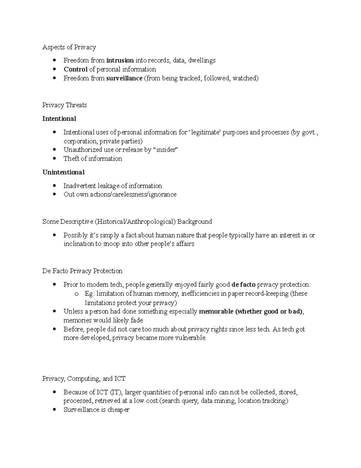 Privacy I - Phil 232 notes - Aspects of Privacy Freedom from intrusion ...
