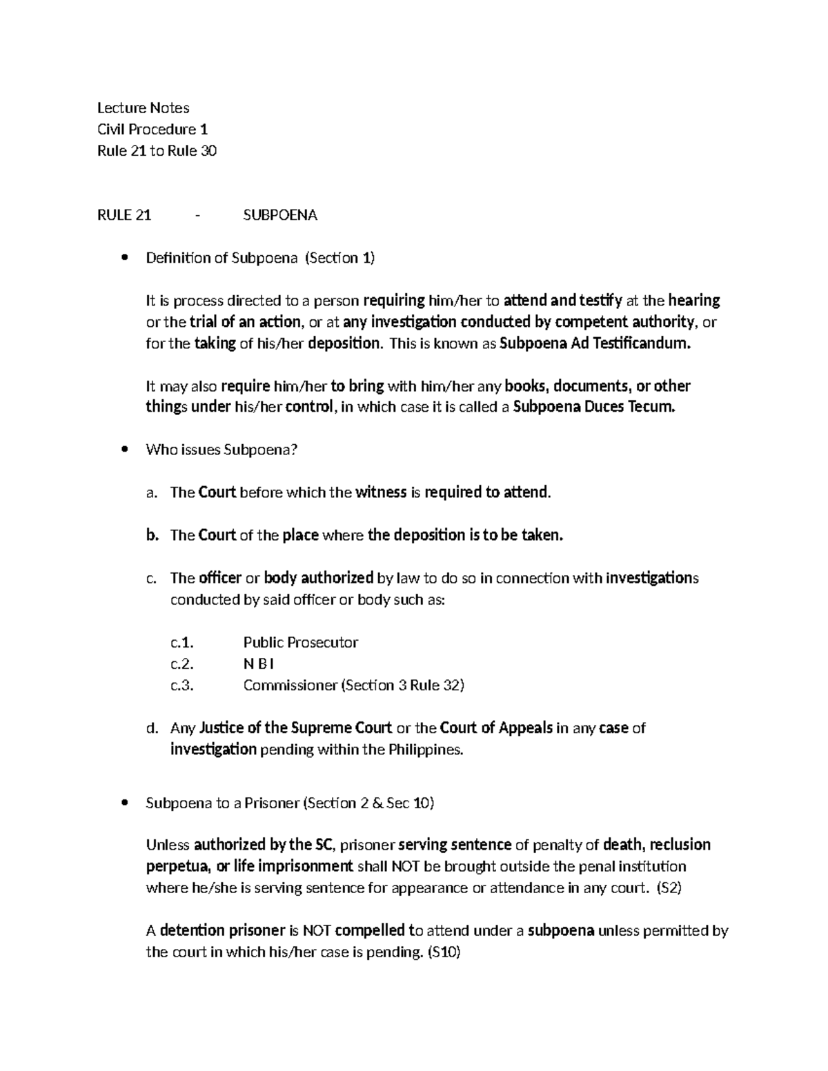 Lecture Notes Civil Procedure 1 Rule 21 30 - This is known as Subpoena ...