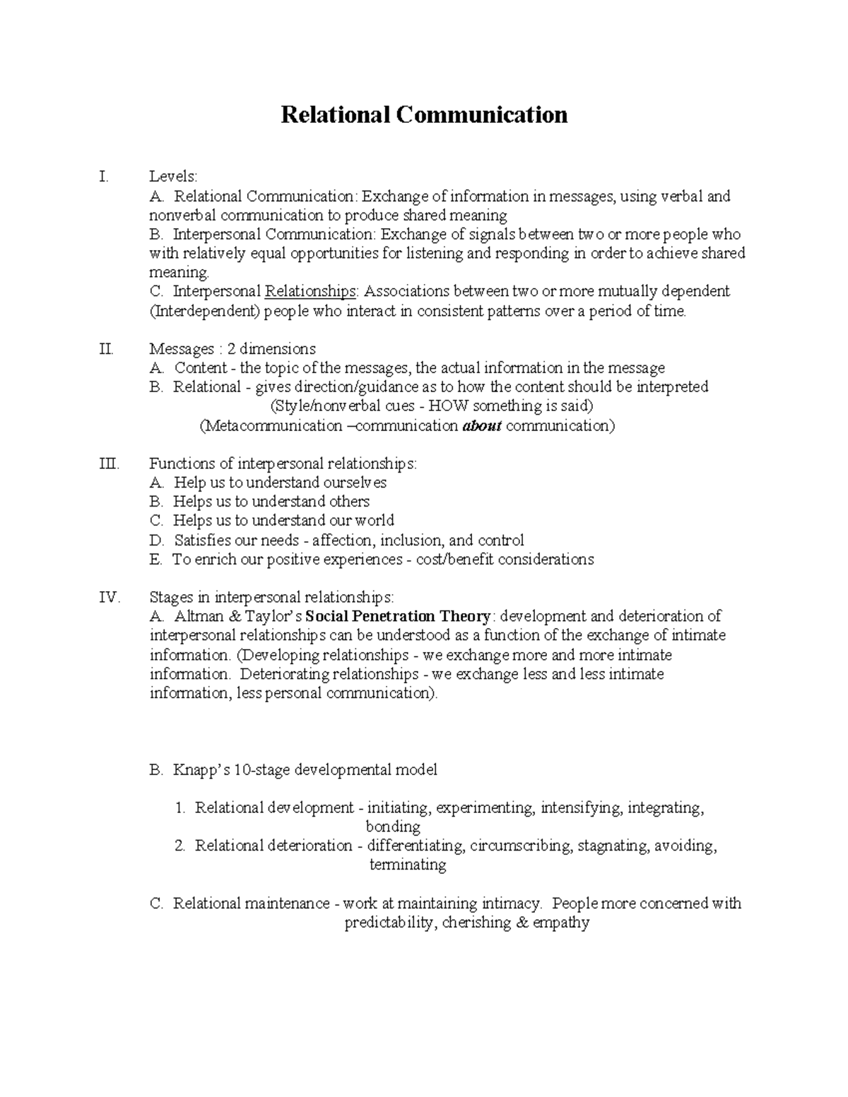 Interpersonal communication notes - Relational Communication I. Levels ...