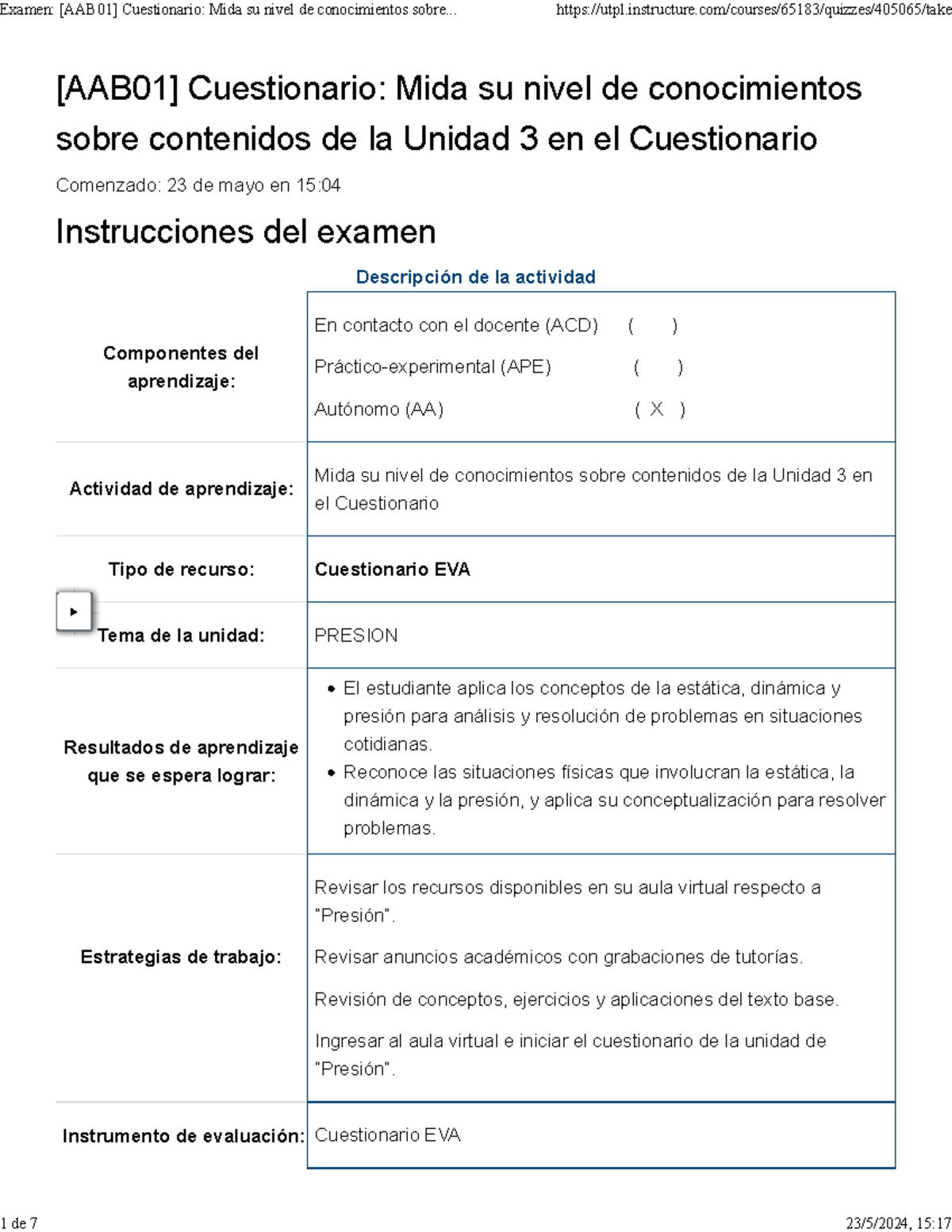 Examen [AAB01] Cuestionario Mida Su Nivel De Conocimientos Sobre ...