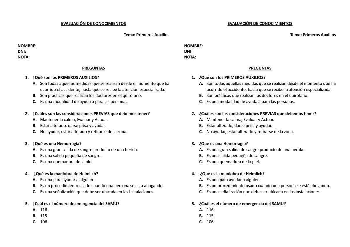 Examen Primeros Auxilios - EVALUACIÓN DE CONOCIMIENTOS Tema: Primeros ...