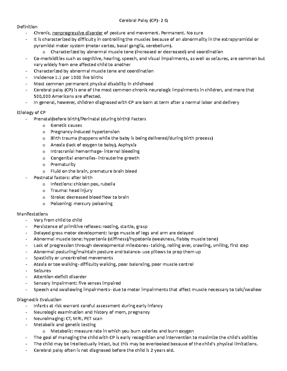 Cerebral Palsy (CP) - notes - Cerebral Palsy (CP)- 2 Q Definition ...