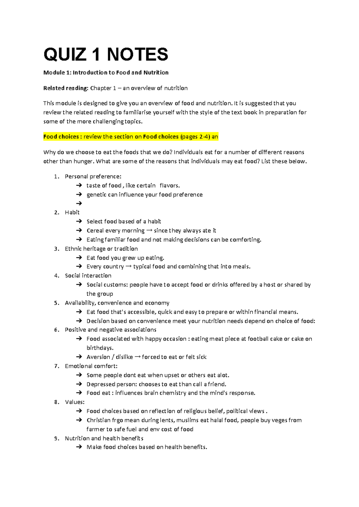 Module 1 To 10 - QUIZ 1 NOTES Module 1: Introduction To Food And ...