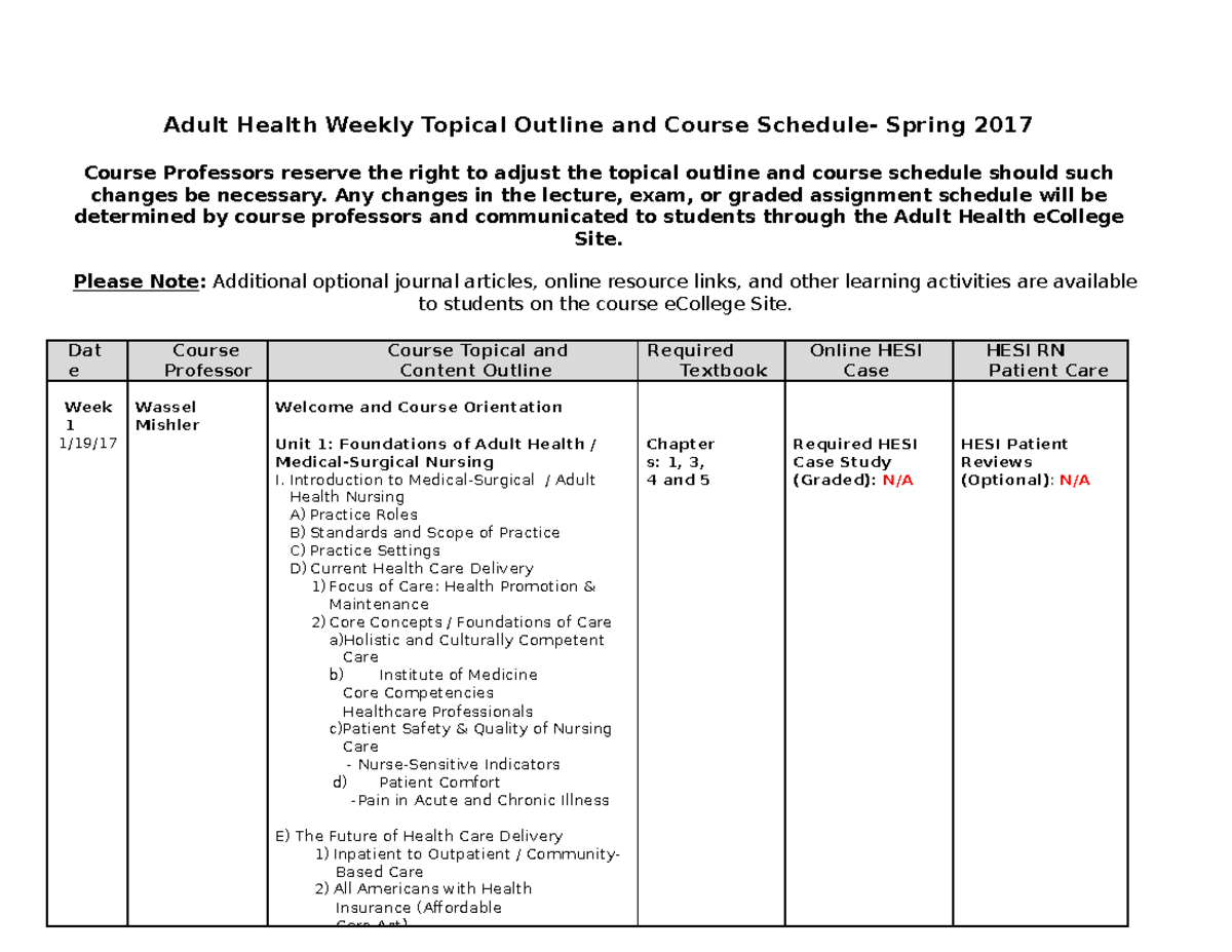 2017 Adult Health Weekly Topical Outline - Any changes in the lecture ...