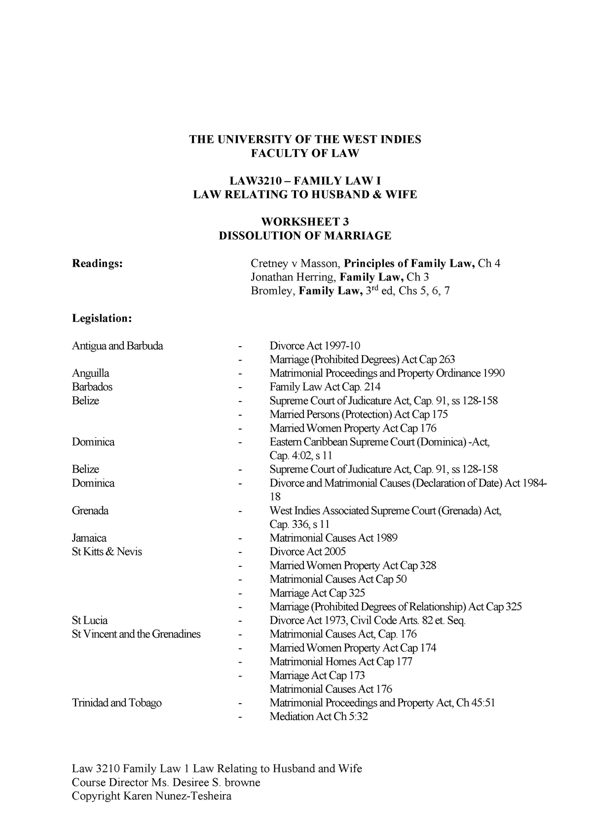 Dissolution of Marriage Worksheet 3, 2019 - Law 3210 Family Law 1 