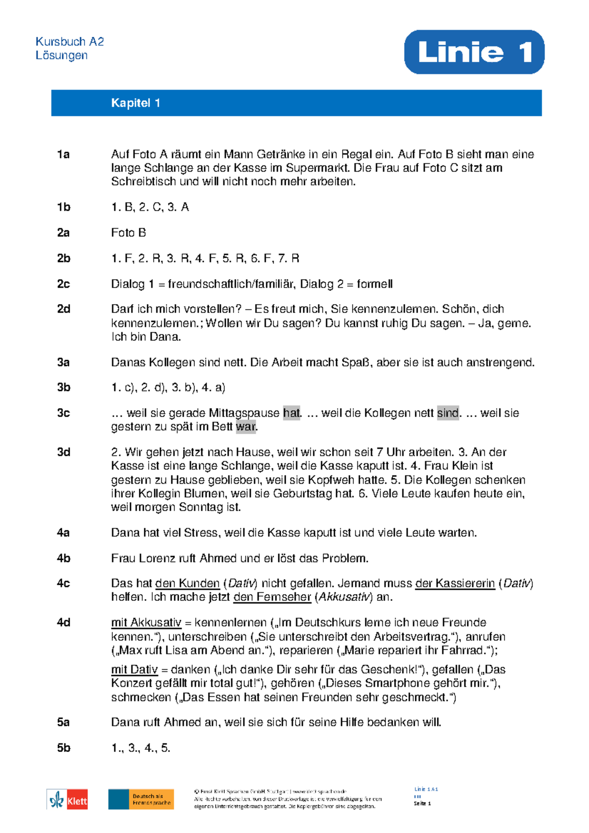 Linie 1 A2 Loesungen KB German A2,1 Lösungen Linie 1 A1 xxx Kapitel 1 1a Auf Foto A räumt