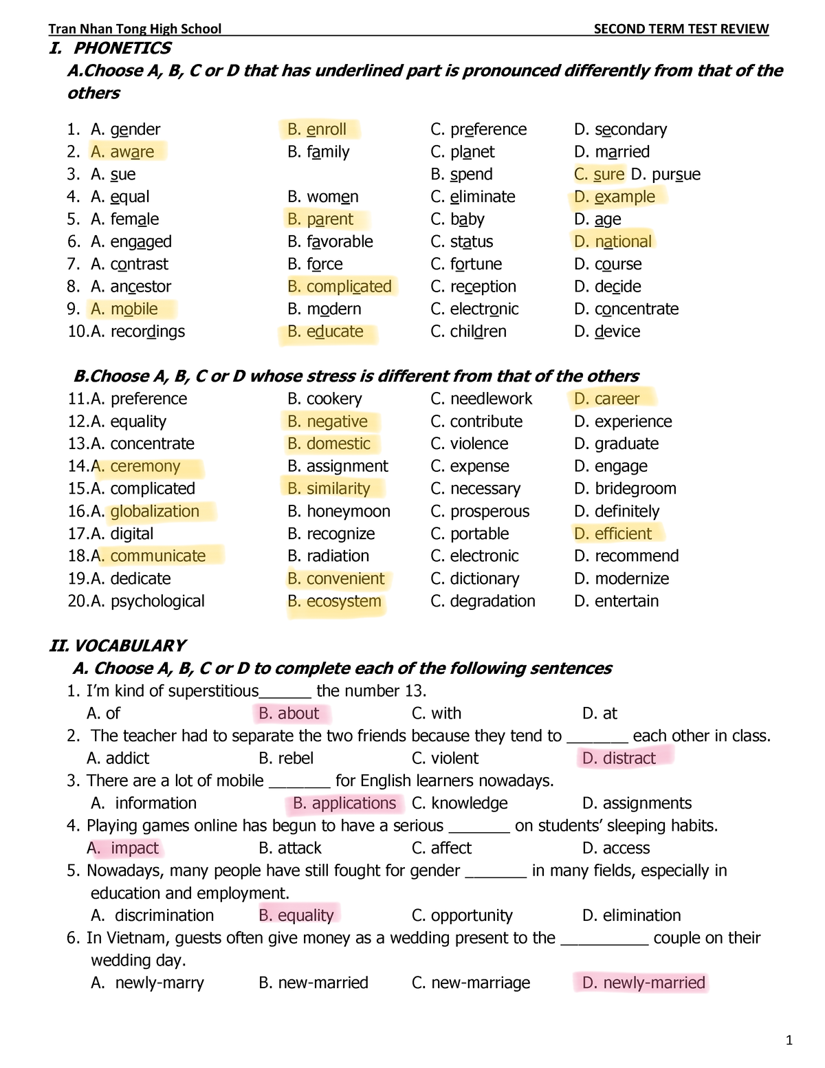 K10 ĐỀ CƯƠNG LẦN 2 - It’s Good For You To Practise - I. PHONETICS A A ...