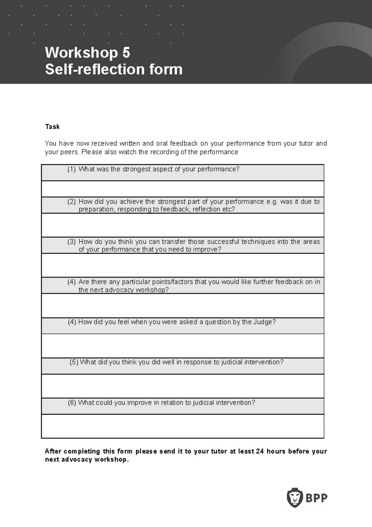 Adv W5 Self Reflection Form - Workshop 5 Self-reflection form Task You ...
