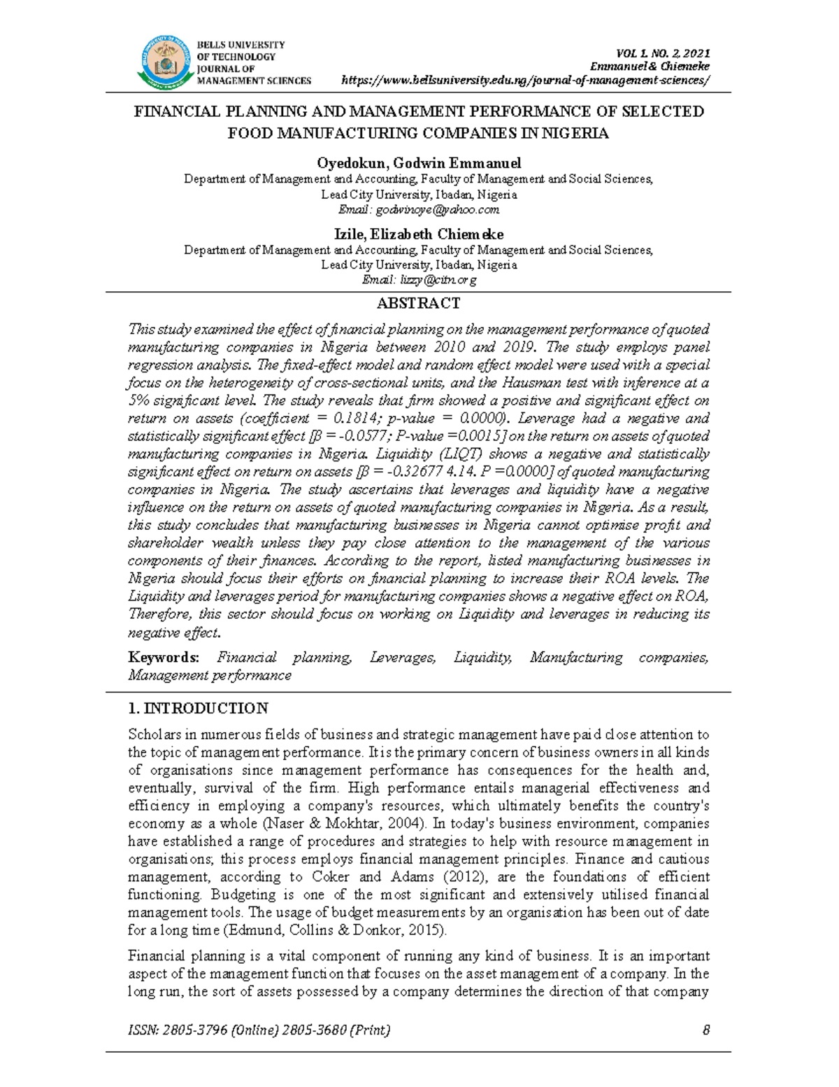 1. Financial Planning AND Management Performance OF Selected FOOD Manufacturing Companies IN