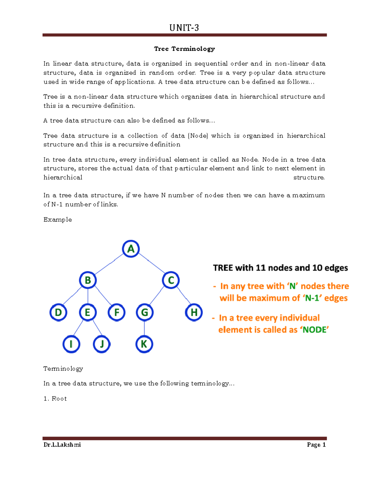 Unit-3 notes - Tree Terminology In linear data structure, data is ...