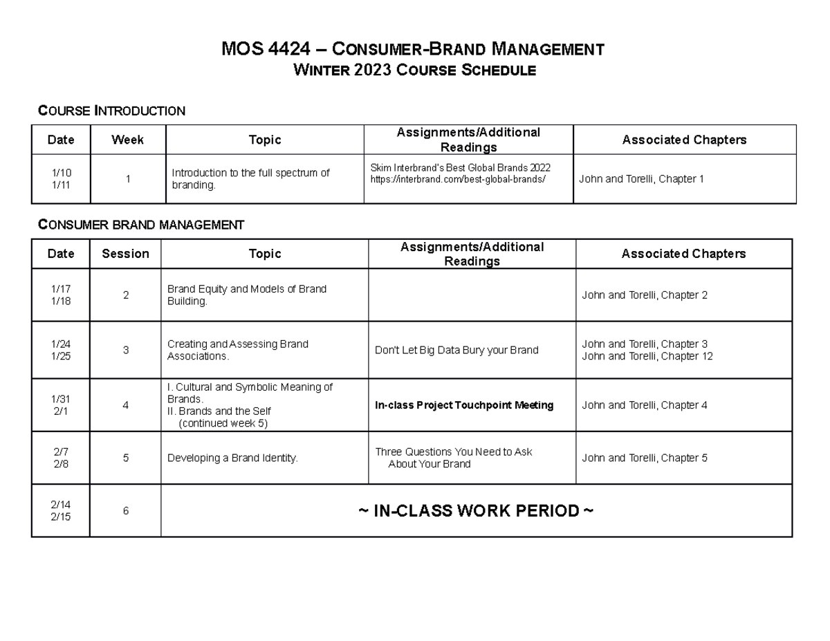 MOS 4424 W23 Course Schedule - MOS 4424 – CONSUMER-BRAND MANAGEMENT ...