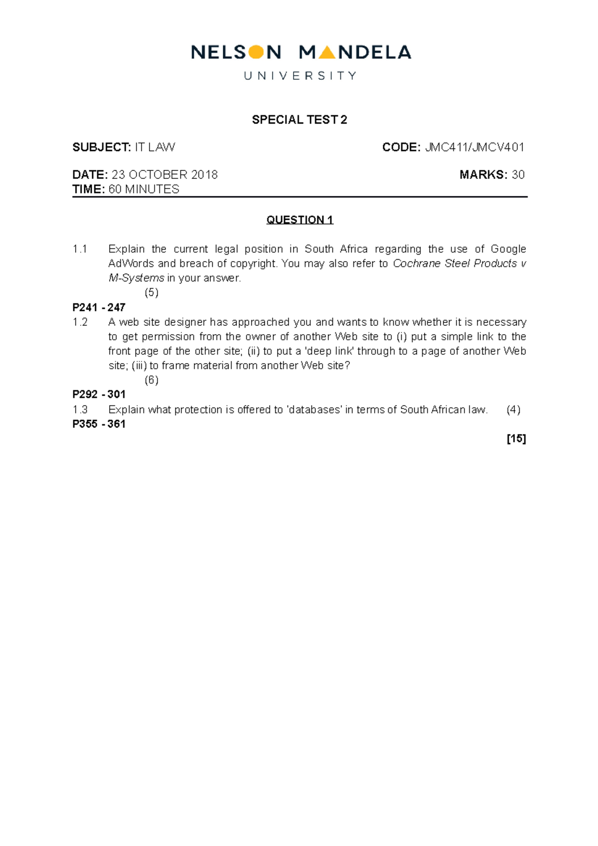 Special Test 2 - 23 Oct 2018 - MEMO - SPECIAL TEST 2 SUBJECT: IT LAW ...