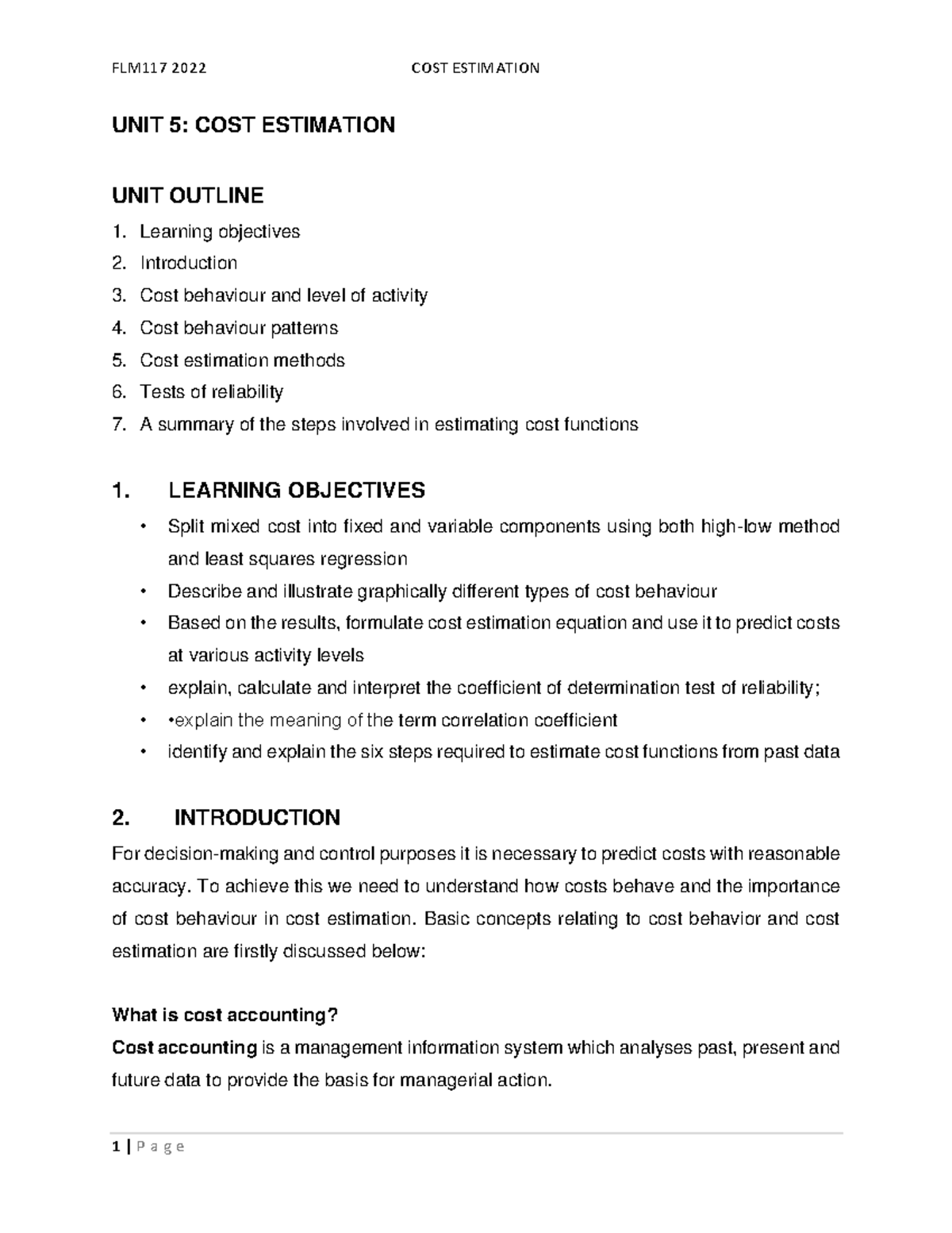 UNIT 5 COST Estimation - Notes - UNIT 5 : COST ESTIMATION UNIT OUTLINE ...