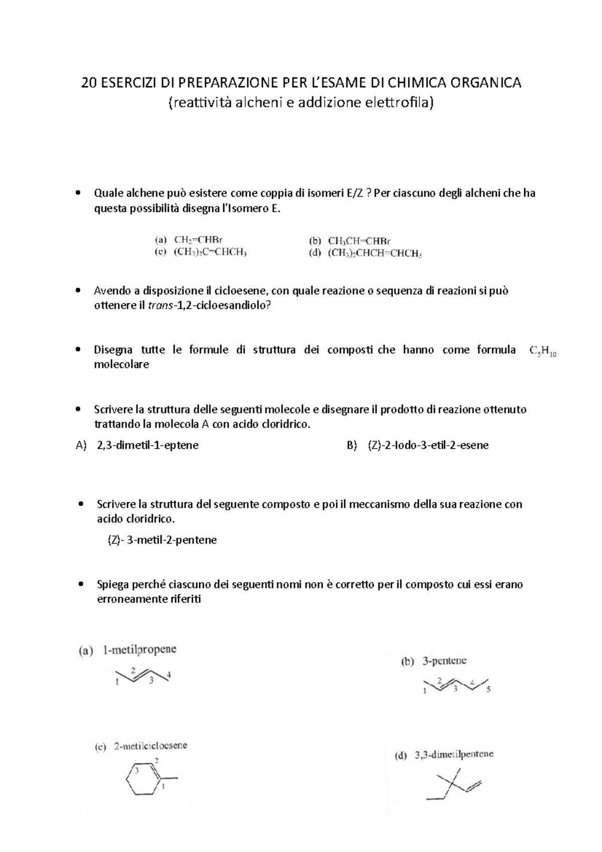 20 Esercizi Di Preparazione Per L'esame Di Chimica Organica (reattività ...