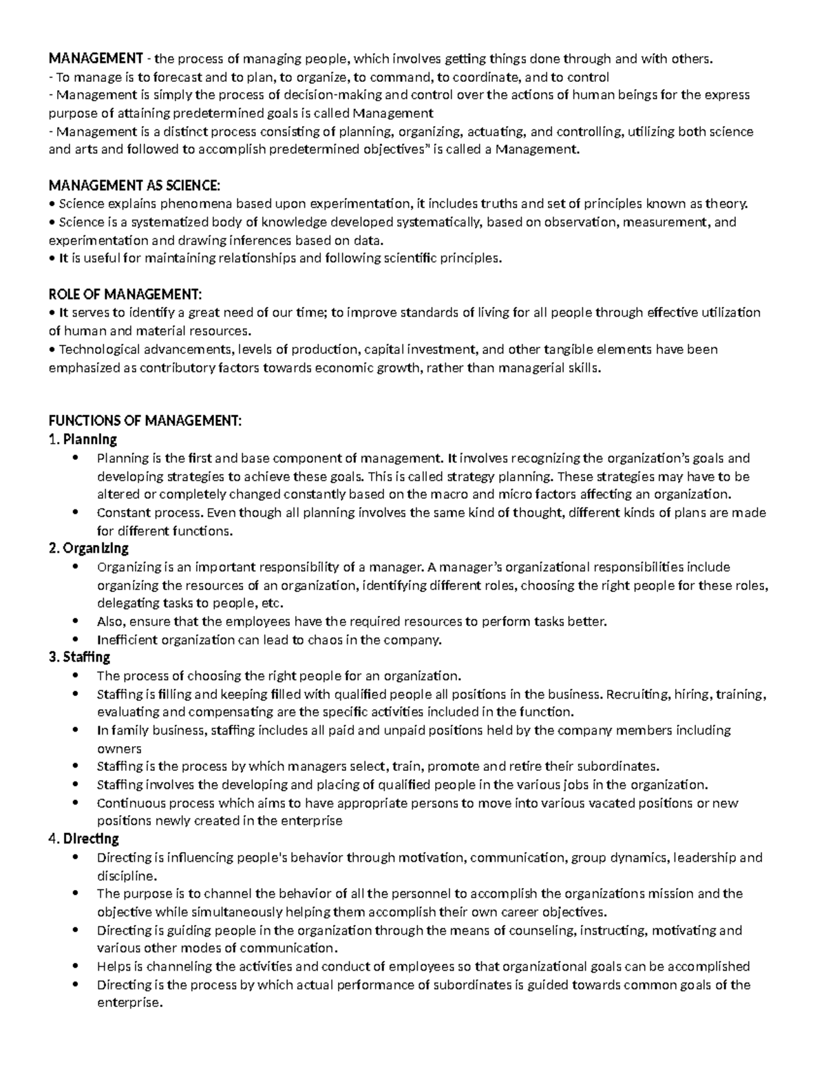 MGT-SCI- Notes - MANAGEMENT - the process of managing people, which ...