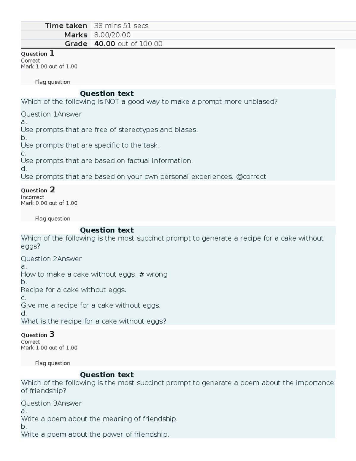 Prelim Quiz Ai prompt hard - Time taken 38 mins 51 secs Marks 8/20 ...
