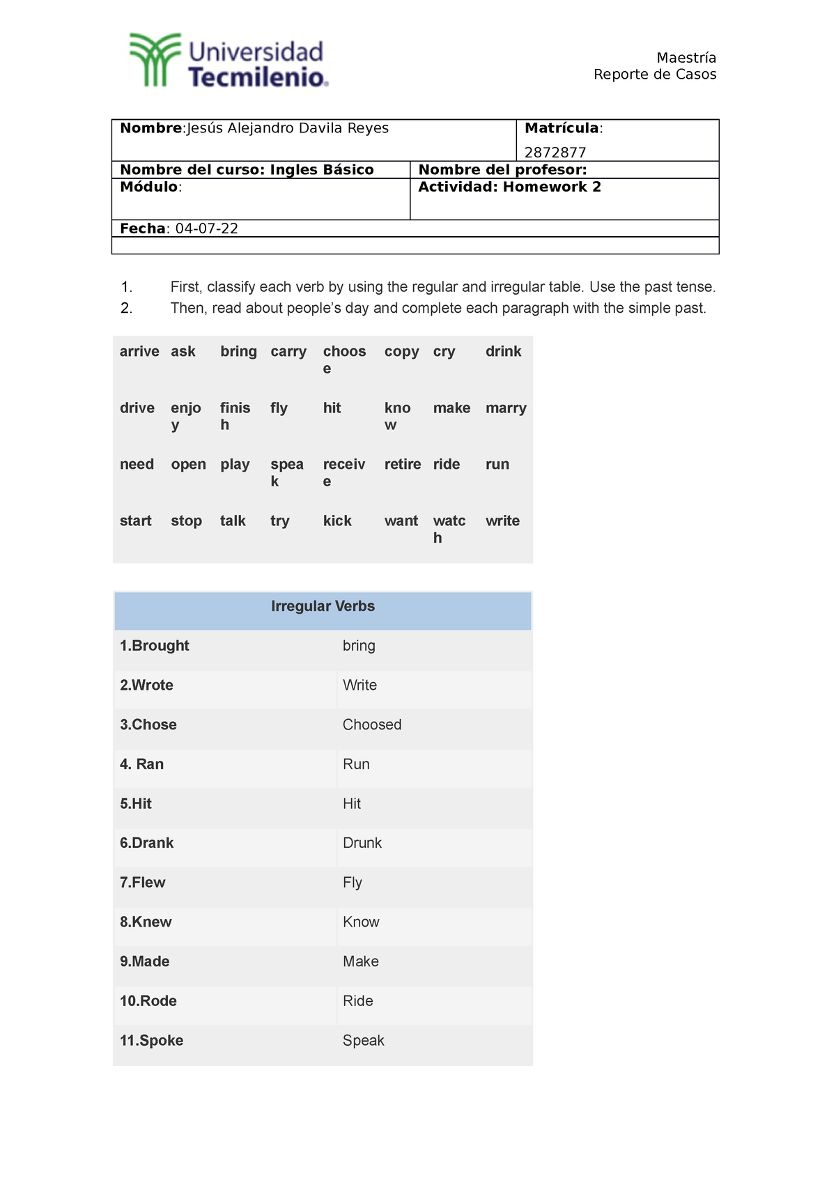 homework tarea en ingles