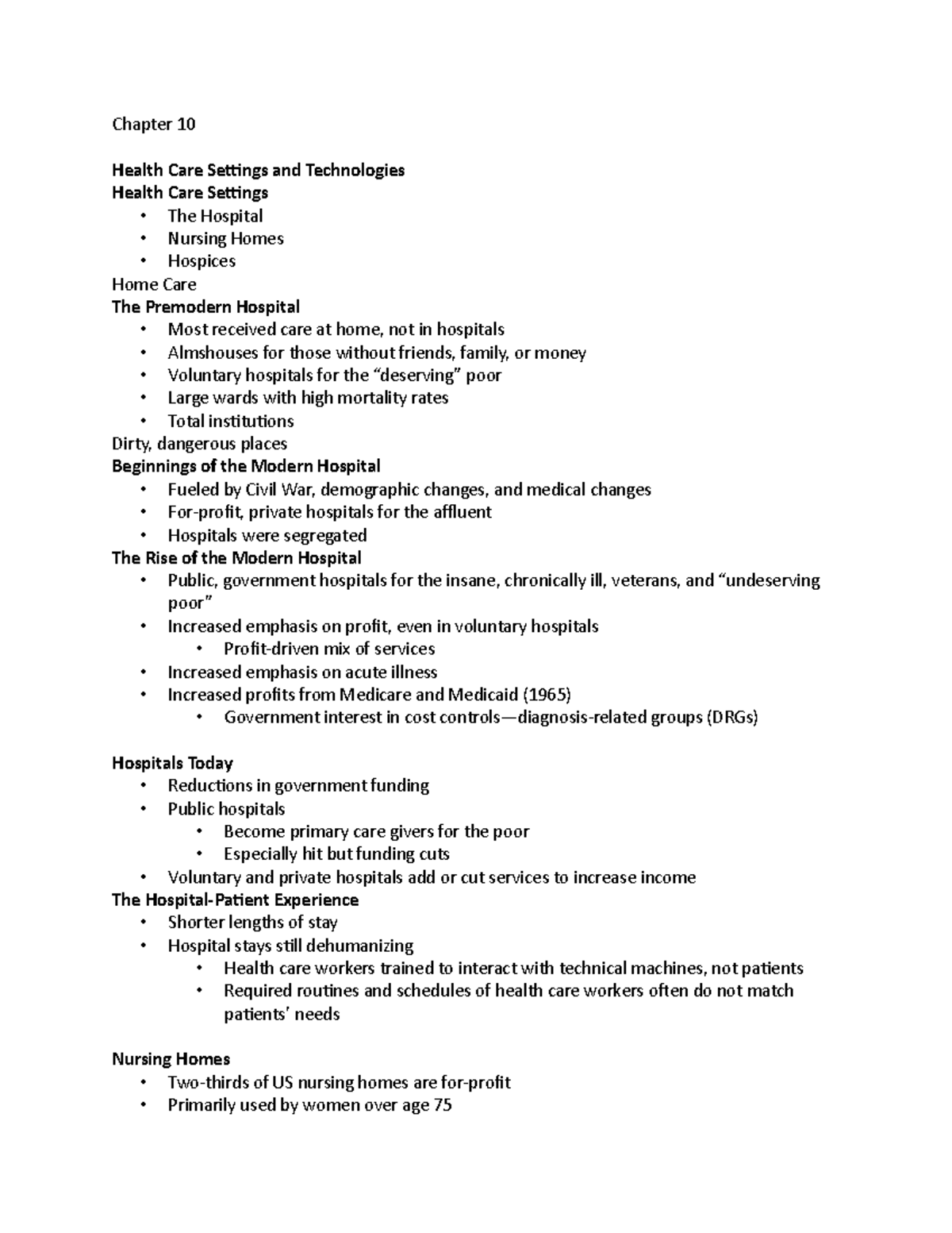Chapter 10 - notes - Chapter 10 Health Care Settings and Technologies ...