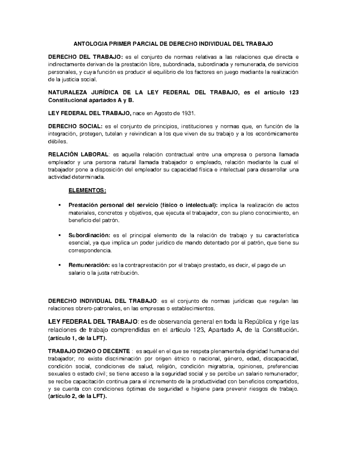 Antologia Primer Parcial DE Derecho Individual DEL Trabajo - ANTOLOGIA ...