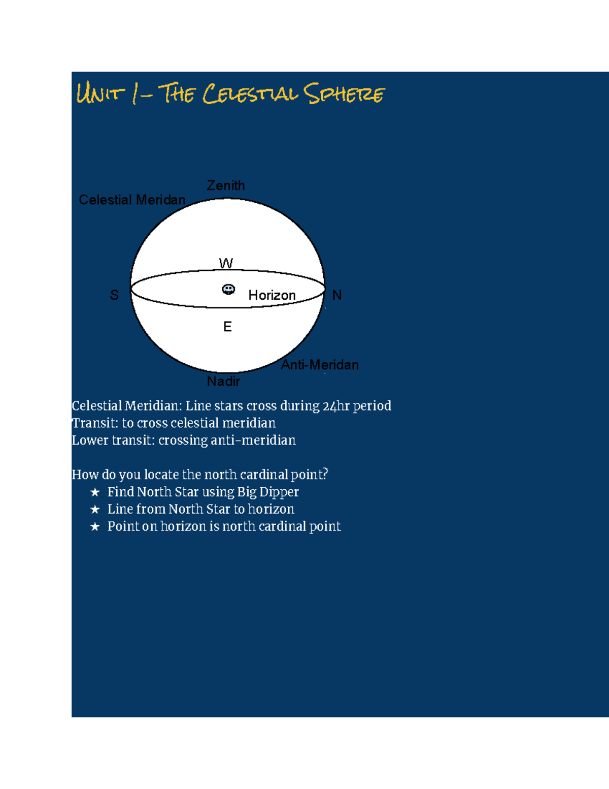 Unit 1- The Celestrial Sphere - Unit 1- The Celestial Sphere Celestial ...