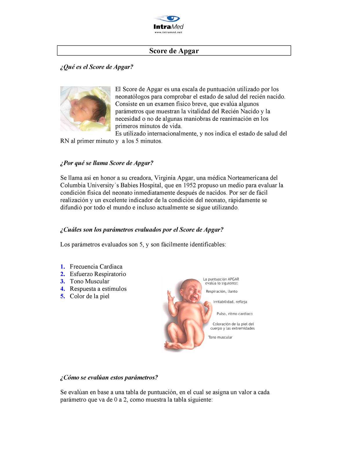 Score De Apgar - Consiste En Un Examen Físico Breve, Que Evalúa Algunos ...