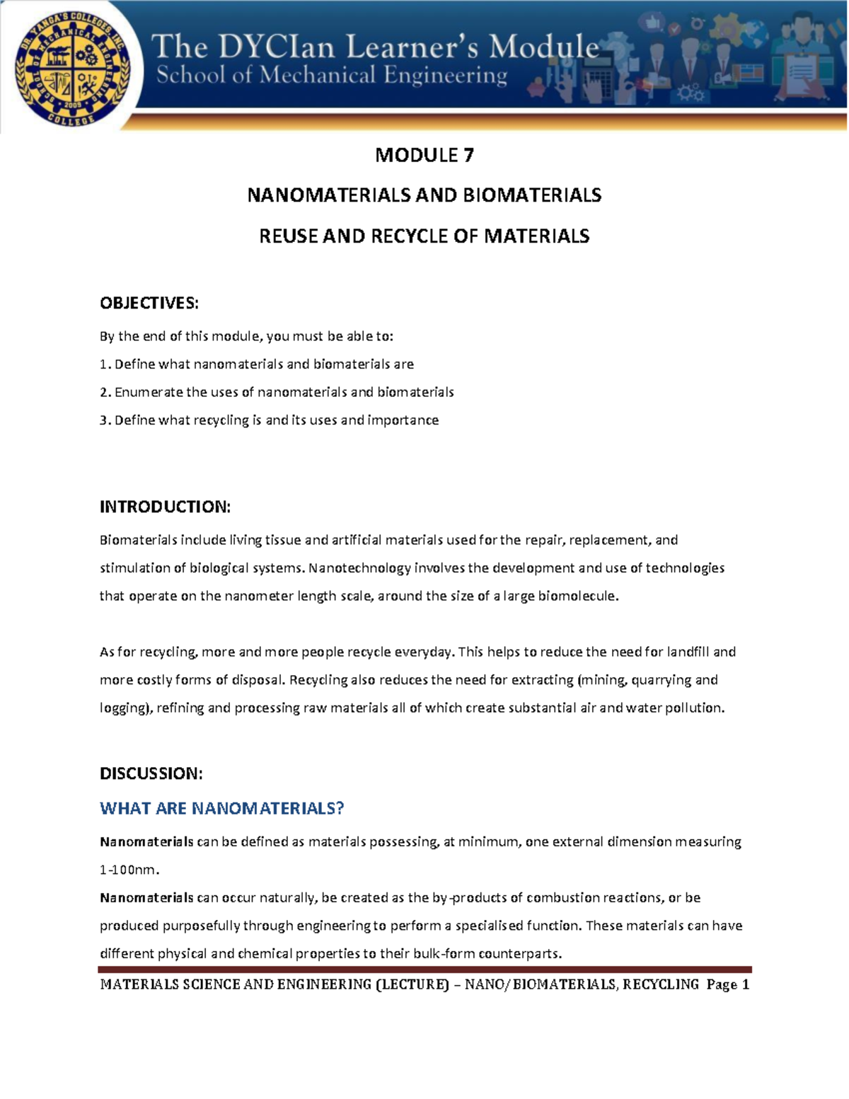 MSE LEC Module 7 NANO AND Biomaterials Recycling - MODULE 7 ...