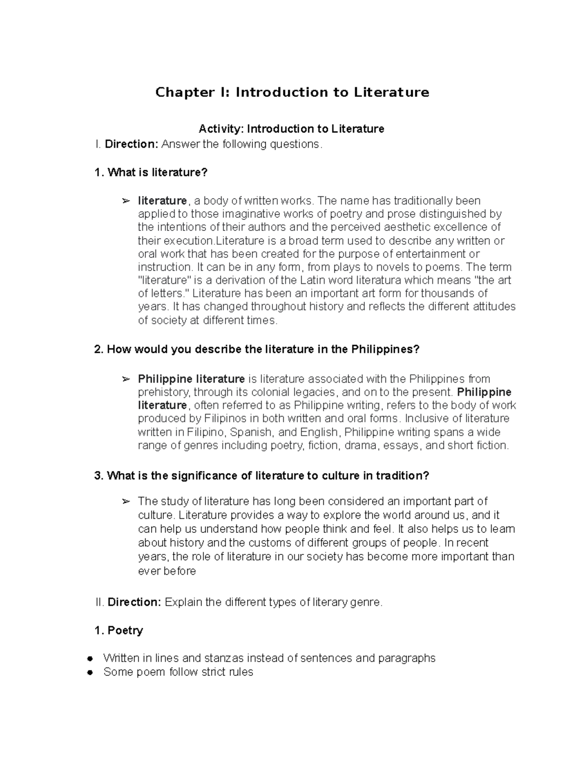 Activity 1 - Introduction to Literature - Chapter I: Introduction to ...