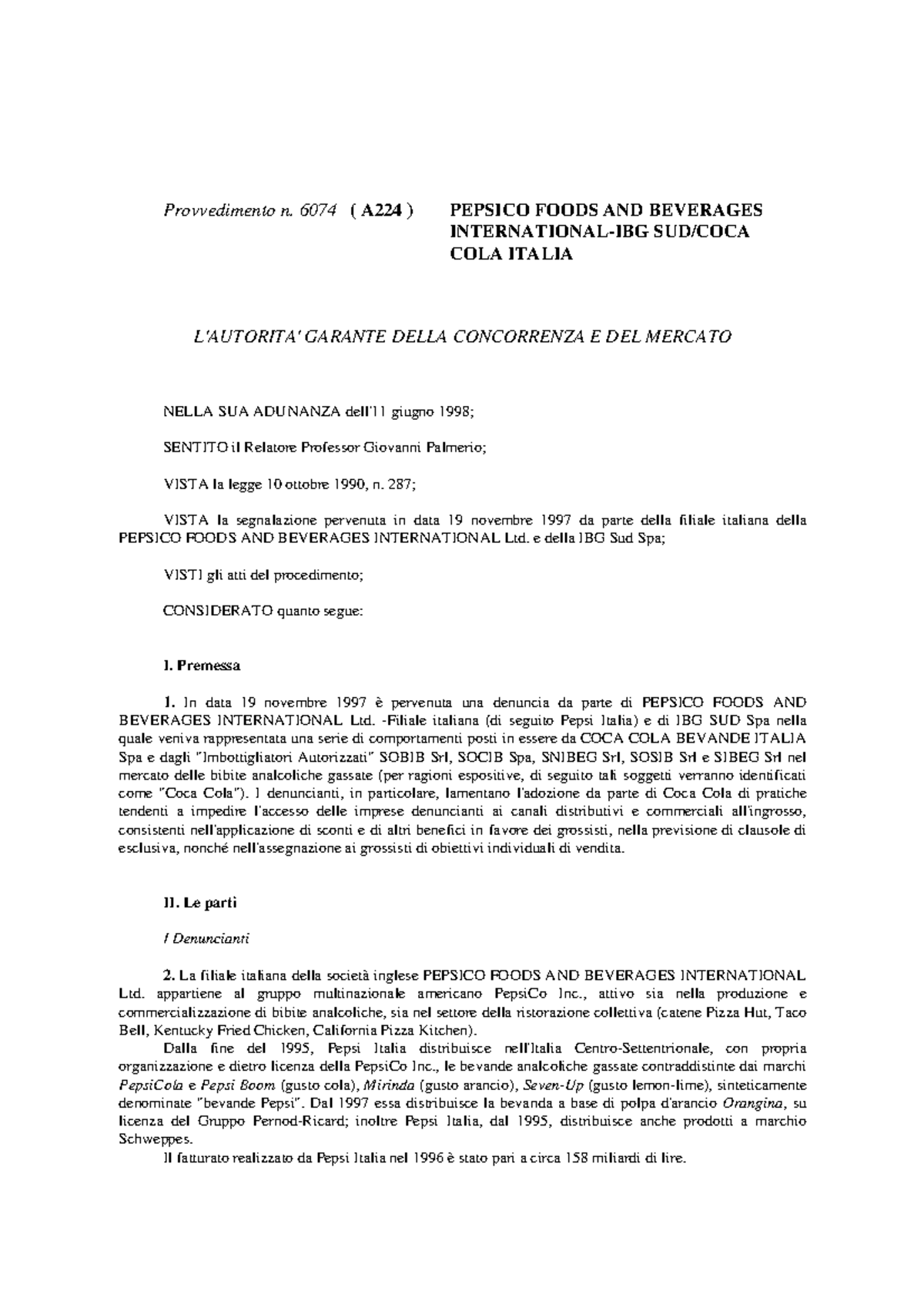 Caso coca cola Caso cocacola (antitrust) CLEA UNICH Provvedimento