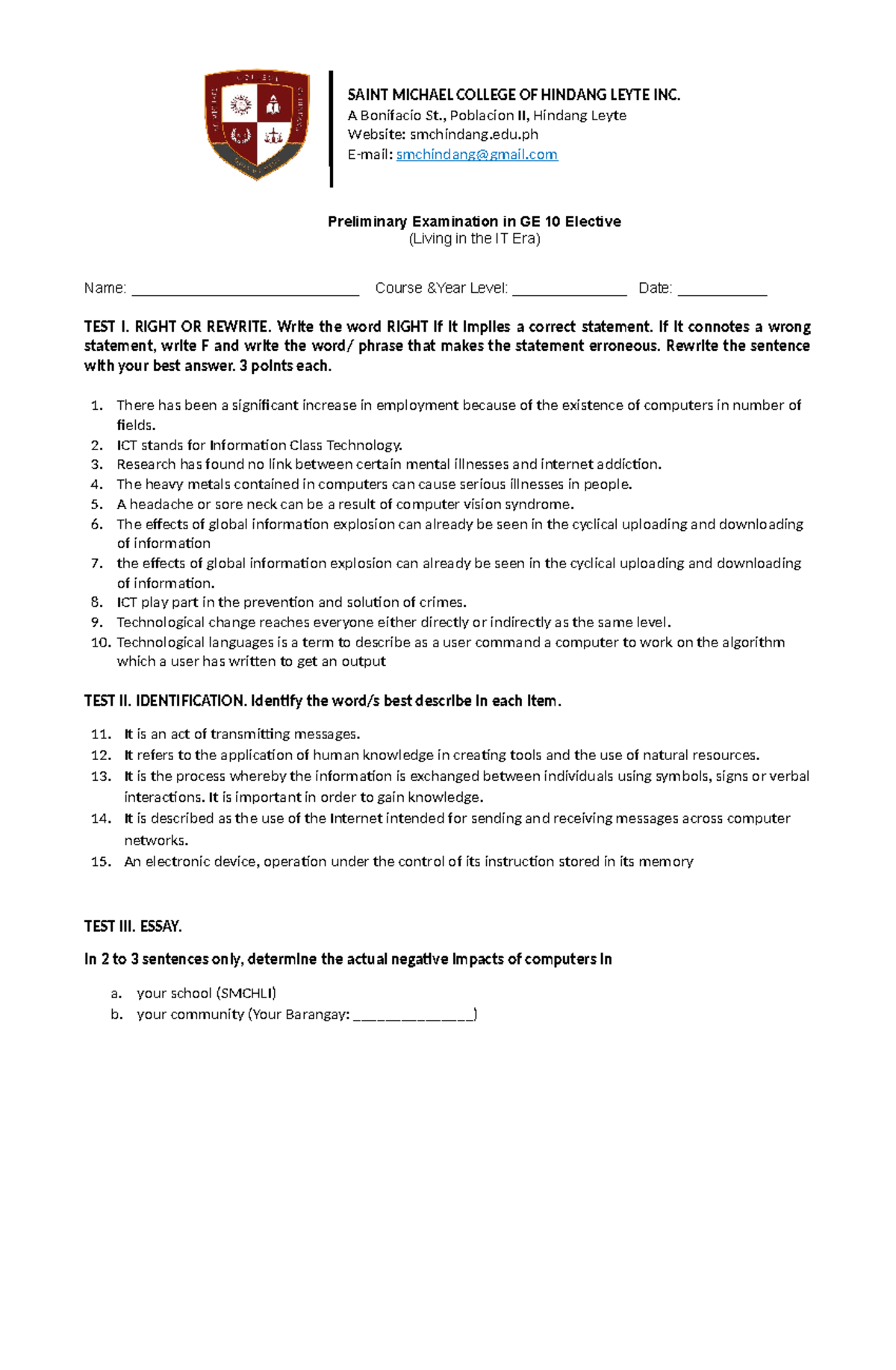 Prelim - SAINT MICHAEL COLLEGE OF HINDANG LEYTE INC. A Bonifacio St ...