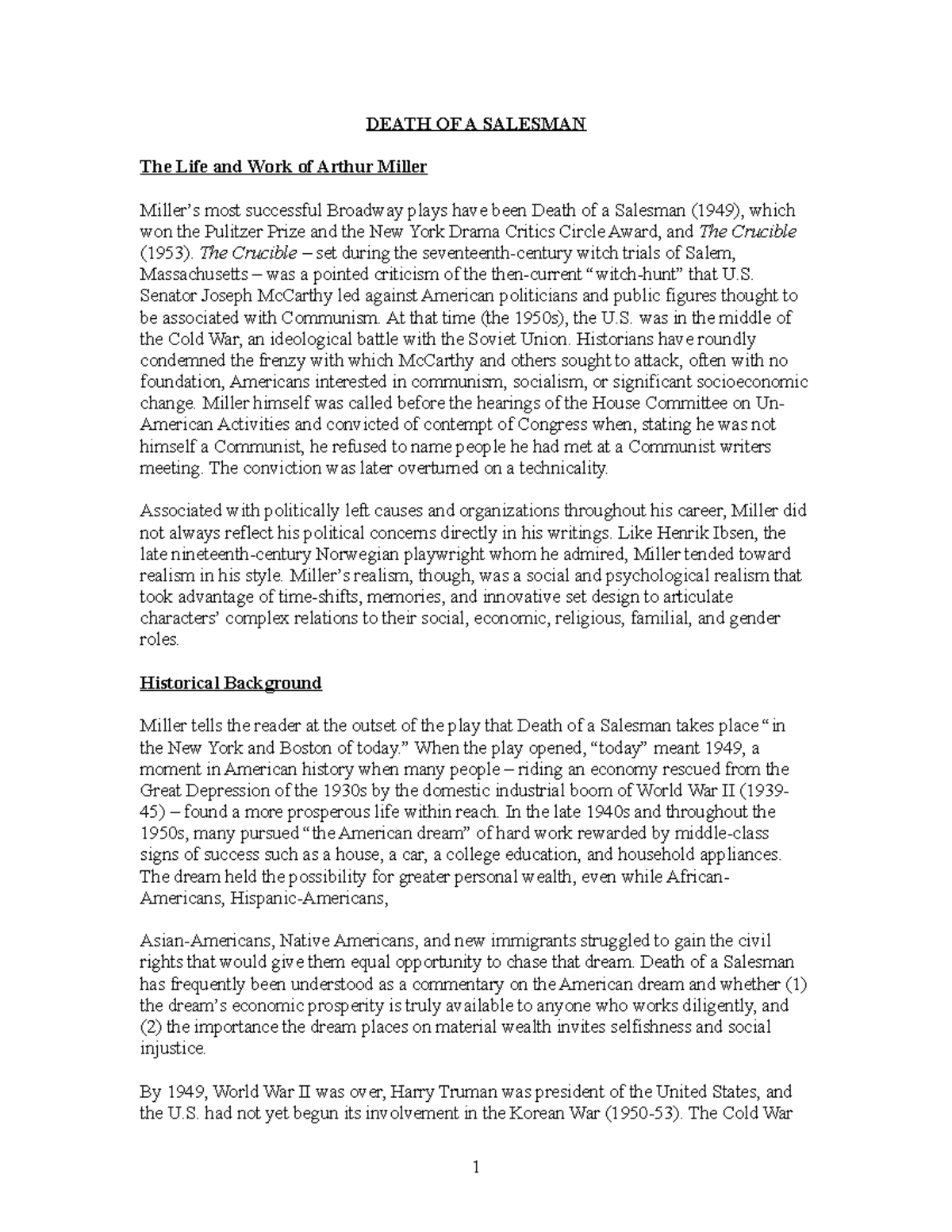 Student notes - Death of a Salesman - DEATH OF A SALESMAN The Life and ...