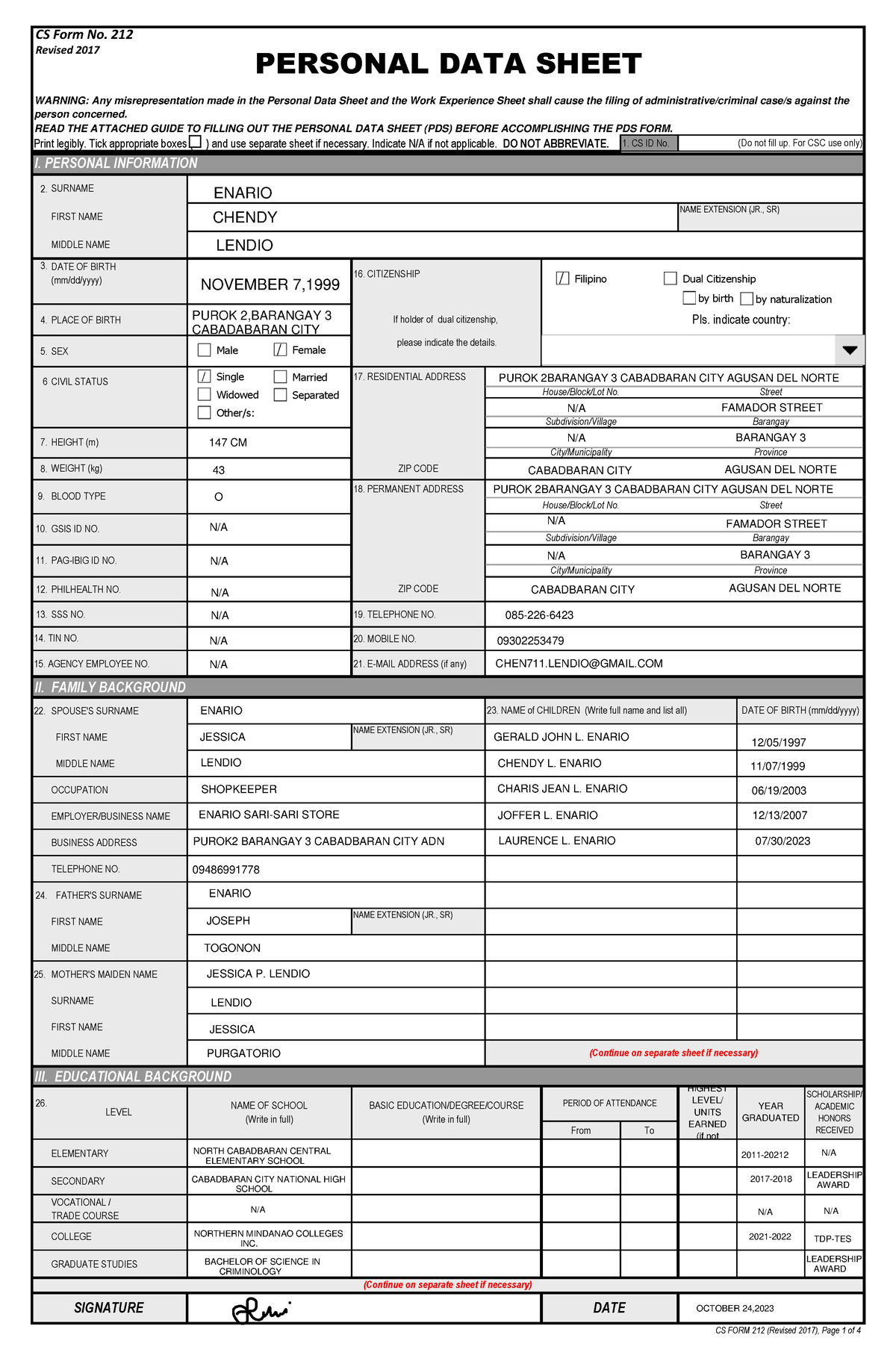 Personal Data Sheet CS Form No - Print legibly. Tick appropriate boxes ...