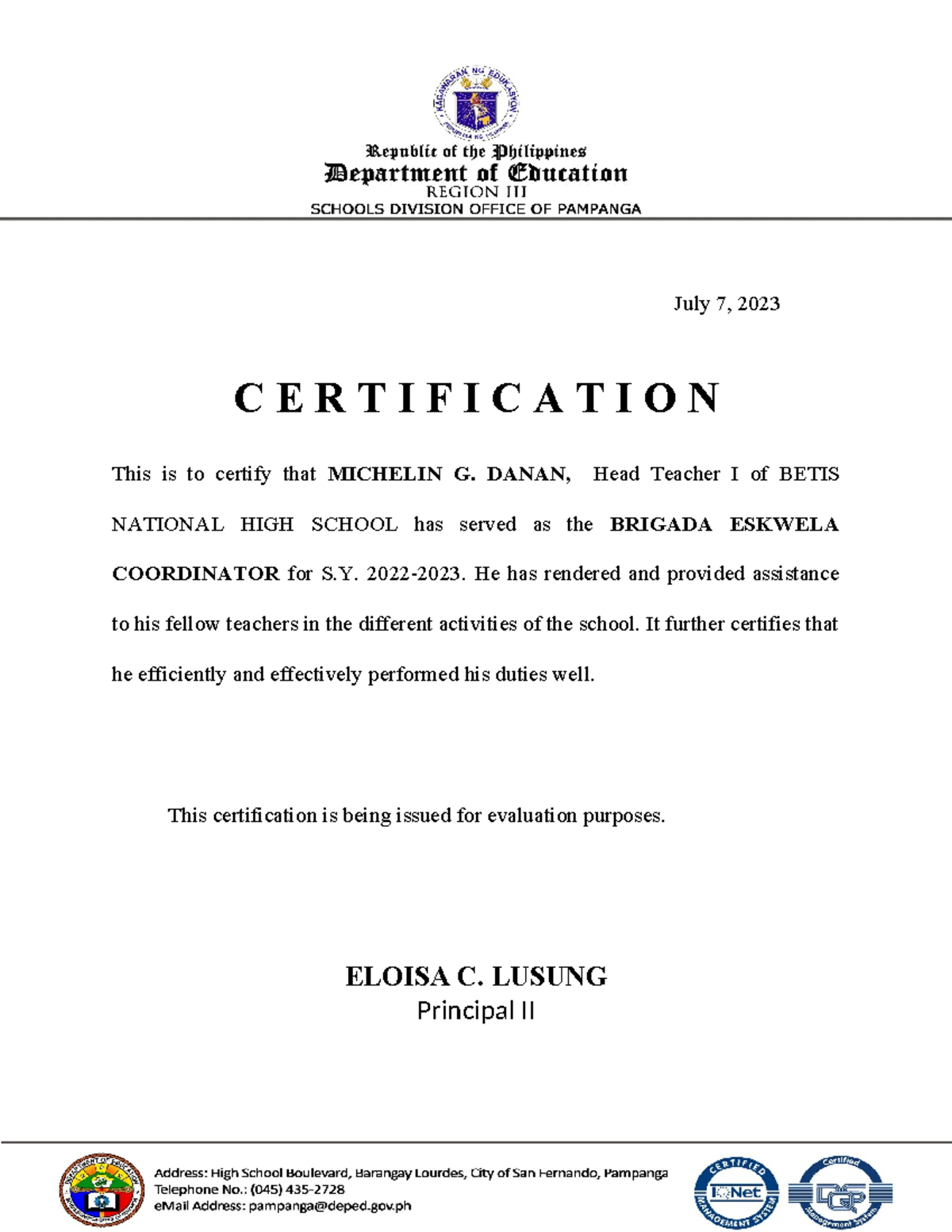 Certification of designation - July 7, 2023 C E R T I F I C A T I O N ...