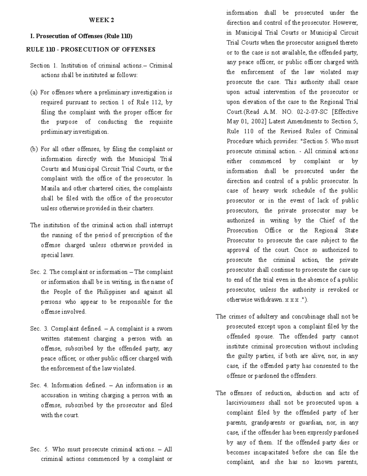 WEEK-2-LLP - WEEK 2 I. Prosecution of Offenses (Rule 110) RULE 110 ...