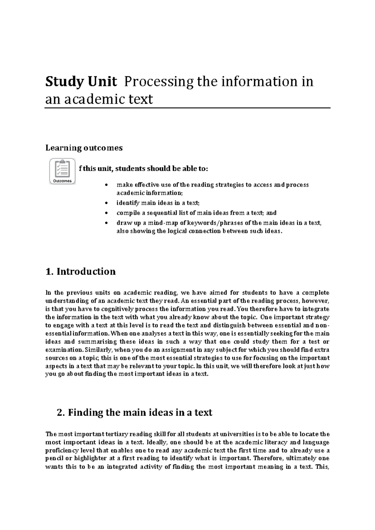 Supplemental reading Main ideas - Study Unit Processing the information ...