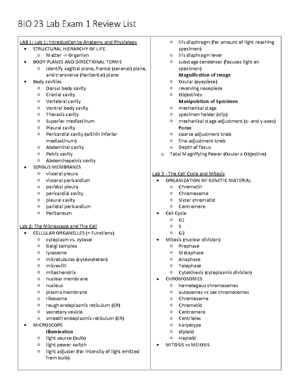 BIO 23 Lab Exam 1 Review List BIO 23 Lab Exam 1 Review List LAB 1 Lab 1 Introduction to
