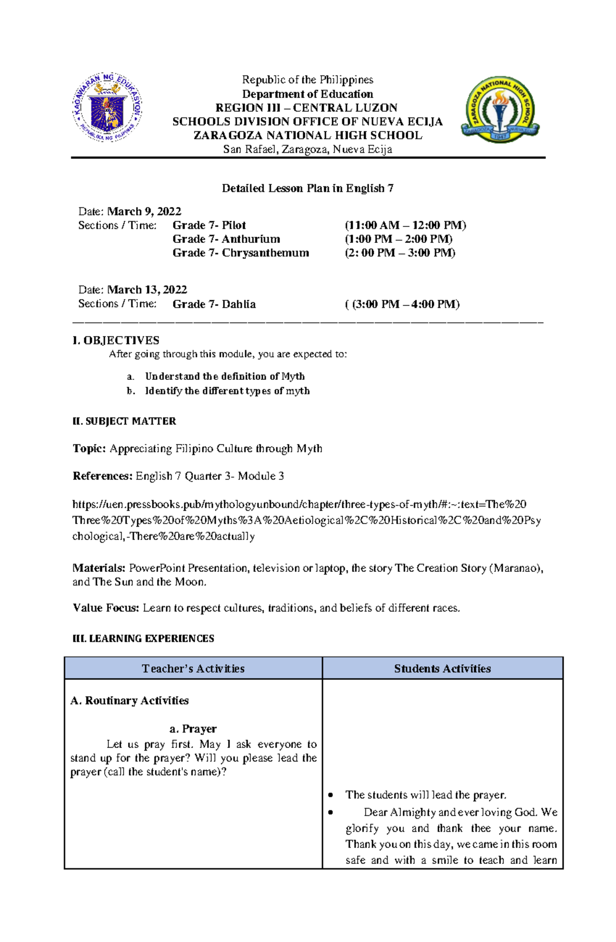 Quarter 4- Lesson 3-MYTH - Republic of the Philippines Department of ...