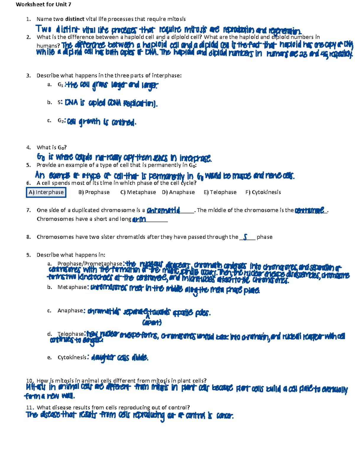 Unit 7 Worksheet - Worksheet for Unit 7 1. Name two distinct vital life ...