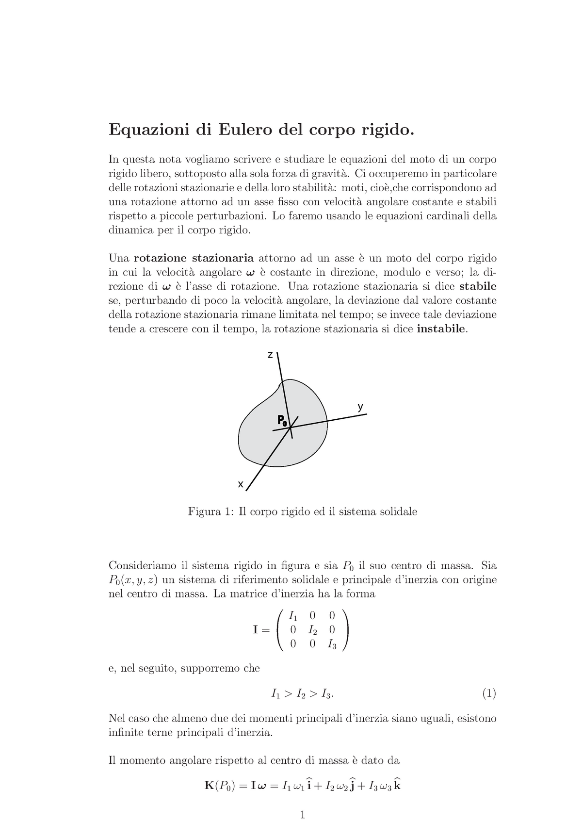 Appunti Su Equazioni Di Eulero Del Corpo Rigido Corso Di Analisi Matematica A A