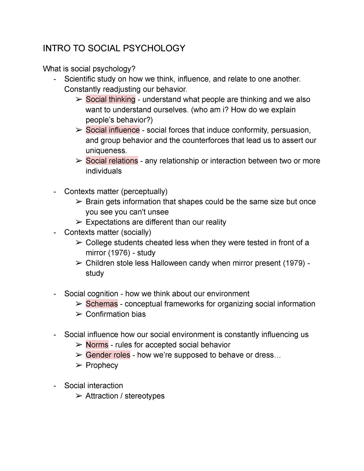 Social Psych Notes - INTRO TO SOCIAL PSYCHOLOGY What Is Social ...