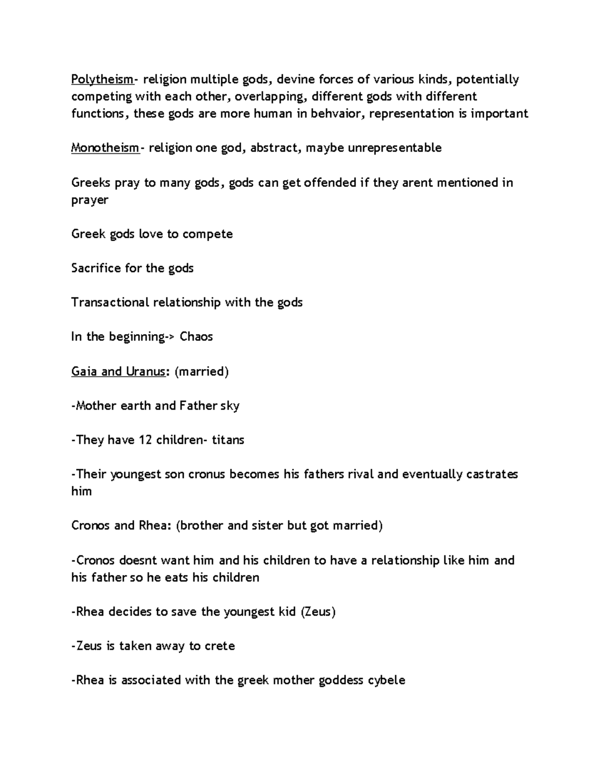Class notes Greek - Polytheism- religion multiple gods, devine forces ...