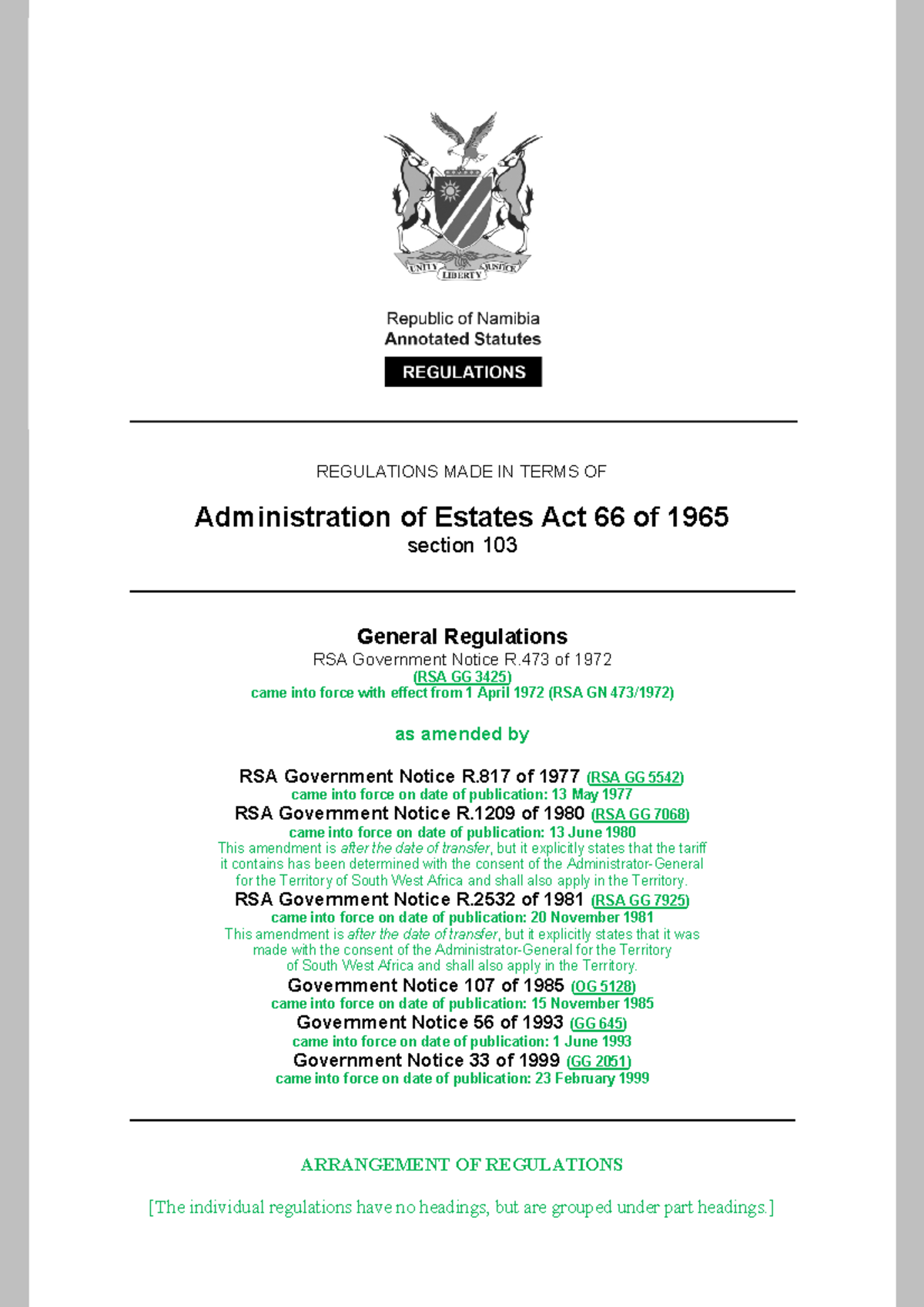 Administration of Estates Act 66 of 1965Regulations 19720473