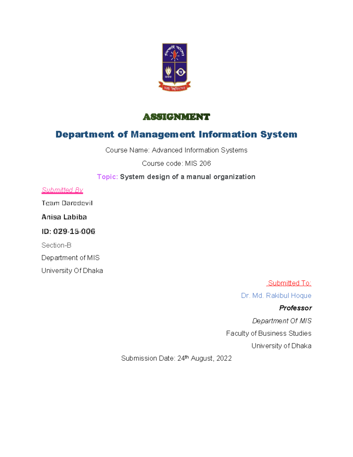 MIS206 006 132 - AIS firm visit assignment - Department of Management ...