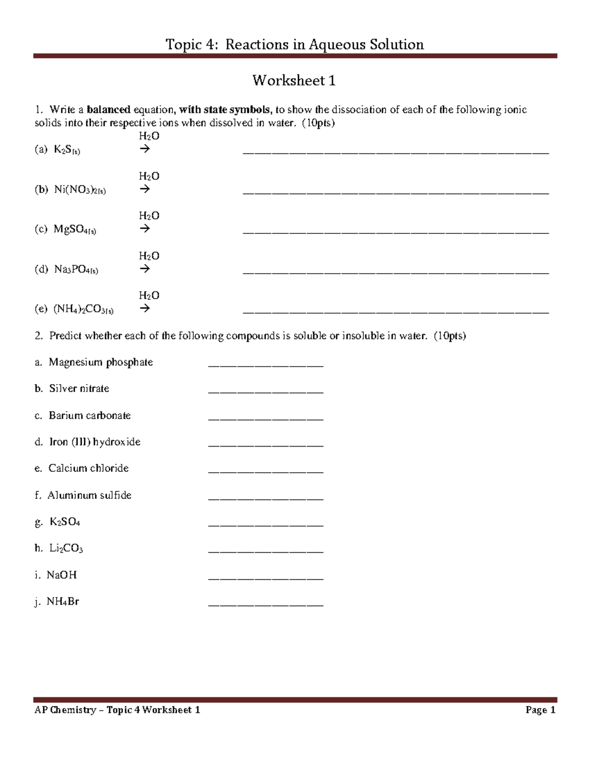 AP+Topic+4+Worksheet+1 - Topic 4: Reactions in Aqueous Solution AP ...