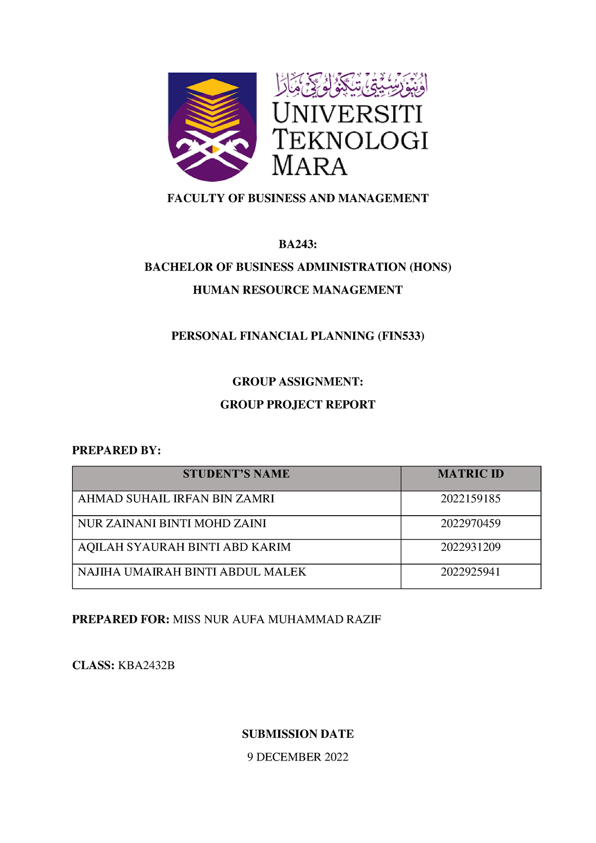 FIN533 Group Project - FACULTY OF BUSINESS AND MANAGEMENT BA243 ...