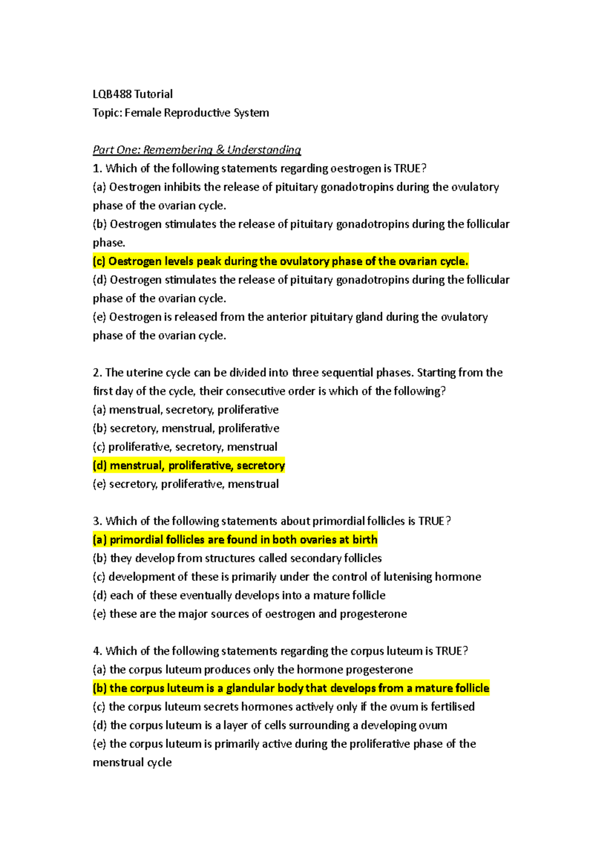 LQB488 Female Reproductive System Tutorial - LQB488 - QUT - Studocu